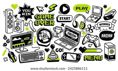 Doodle vector set featuring video game elements. Gaming controller, retro arcade console, vintage controller for video games, joystick for computer play, laptop and other computer gaming items