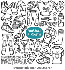 Doodle Vector Set: Football And Rugby Equipments And Objects Such As Shoulder Pads, Knee Pads, Jersey, Shoes And Cleats, Etc. Black And White Line Illustration