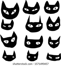 Doodle vector set of funny black cat faces isolated on white background for your design