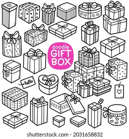 Doodle vector set: Gift Box related object. Black and white line illustration