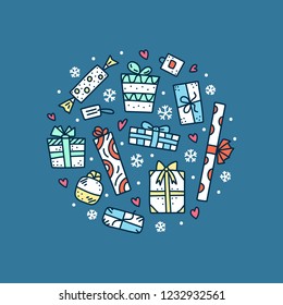 Doodle vector set of gift boxes in circle shape decorated by snoflakes. Christmas gifts colorful illustration. Eps 10