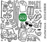 Doodle vector set: Golf sports equipment and objects such as golf driver, flagstick, glove, bag, etc. Black and white line illustration