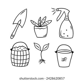 Doodle vector conjunto de elementos de jardinería dibujados a mano. Pala, cubo, flor de la olla, tierra, brote, rociador, agua.