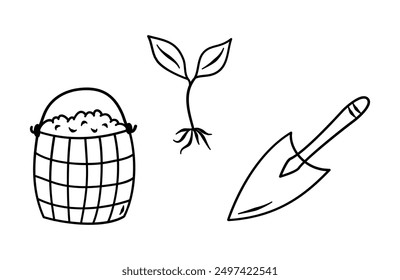 Doodle vector set of hand drawn gardening elements. Shovel, bucket, pot flower, soil