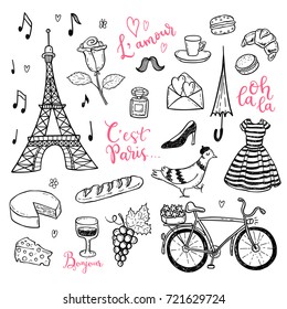 Doodle vector set with hand drawn Paris, France symbols.