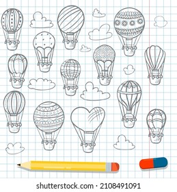 Doodle vector set of hot air balloons with clouds. Colorful hand draw illustration flying vehicles. Romantic balloons. Sky with tourist balloons for flight. Cartoon style