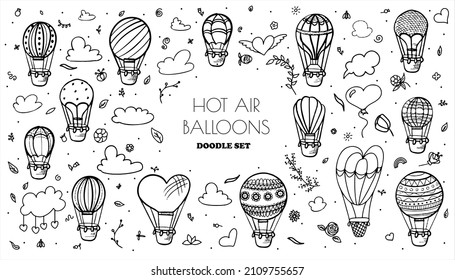 Doodle vector set hot air balloons and clouds  Colorful hand draw illustration flying vehicles  Romantic balloons  Sky and tourist balloons for flight  Cartoon style