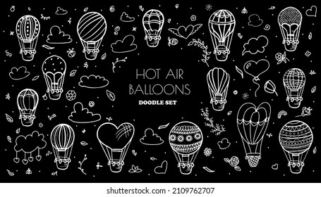 Doodle vector set of hot air balloons with clouds. Colorful hand draw illustration flying vehicles. Romantic balloons. Sky with tourist balloons for flight. Cartoon style