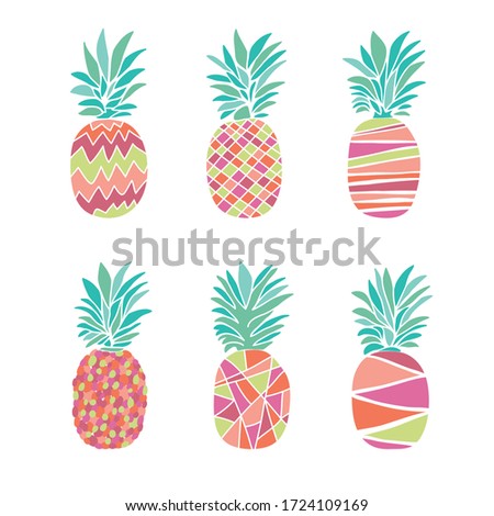 Doodle vector set  illustration  with colorful pineapples. Isolated cute fruit collection. Summer sweet ananas.