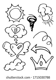 doodle vector set illustration with hand draw line art style. strom, sun, love, crown, etc.
