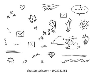Doodle vector set illustration with hand draw line art style vector. Crown, king, sun, arrow, heart, love, star, swirl, swoops, emphasis, for concept design