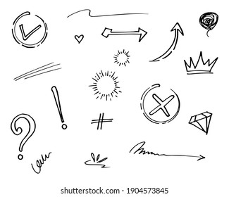 Dibujo de conjunto de vector Doodle con vector de estilo de línea de dibujo manual. Corona, rey, sol, flecha, corazón, amor, estrella, remolino, ciénagas, énfasis, para el diseño de concepto