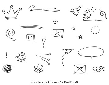 Doodle vector set illustration with hand draw line art style vector. Crown, king, sun, arrow, heart, love, star, swirl, swoops, emphasis, for concept design