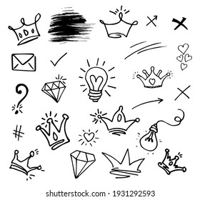 Doodle vector set illustration with hand draw line art style vector. Crown, king, sun, arrow, heart, love, star, swirl, swoops, emphasis, for concept design