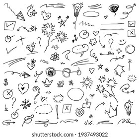 Doodle Vector Set Illustration With Hand Draw Line Art Style Vector. Crown, King, Sun, Arrow, Heart, Love, Star, Swirl, Swoops, Emphasis, For Concept Design