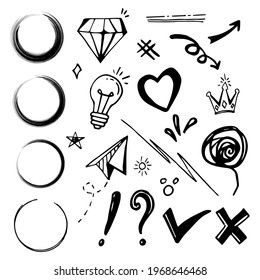 Doodle vector set illustration with hand draw line art style vector. Crown, king, sun, arrow, heart, love, star, swirl, swoops, emphasis, for concept design.