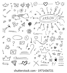 Doodle vector set illustration with hand draw line art style vector. Crown, king, sun, arrow, heart, love, star, swirl, swoops, emphasis, for concept design.