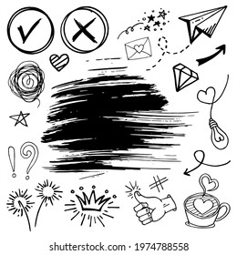 Doodle vector set illustration with hand draw line art style vector. Crown, king, sun, arrow, heart, love, star, swirl, swoops, emphasis, for concept design