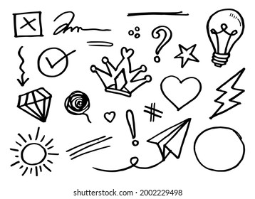 Doodle vector set illustration with hand draw line art style vector. Crown, king, sun, arrow, heart, love, star, swirl, swoops, emphasis, for concept design