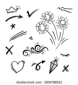 Doodle Vektorset-Illustration mit handgezeichnet Linie Art-Vektorgrafik. Krone, König, Sonne, Pfeil, Herz, Liebe, Stern, wirbel, Swoops, Betonung, für Concept Design