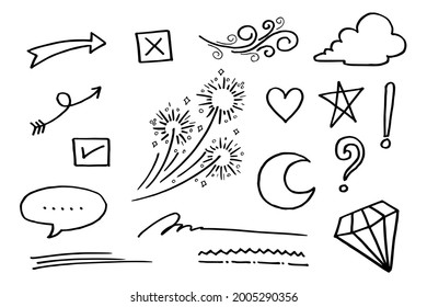 Doodle vector set illustration with hand draw line art style vector. Crown, king, arrow, heart, love, star, swirl, swoops, emphasis, for concept design