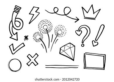 Doodle vector set illustration with hand draw line art style vector. Crown, king, sun, arrow, heart, love, star, swirl, swoops, emphasis, for concept design