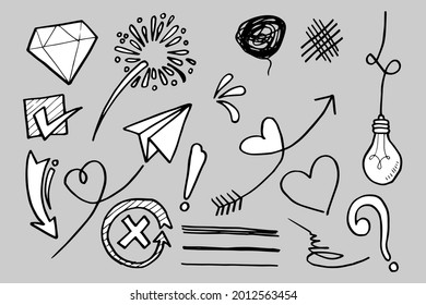 Doodle vector set illustration with hand draw line art style vector. Crown, king, sun, arrow, heart, love, star, swirl, swoops, emphasis, for concept design