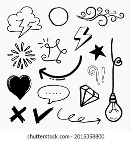 Doodle vector set illustration with hand draw line art style vector. Crown, king, sun, arrow, heart, love, star, swirl, swoops, emphasis, for concept design
