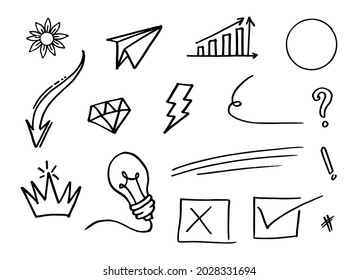 Doodle vector set illustration with hand draw line art style vector. Crown, king, sun, arrow, heart, love, star, swirl, swoops, emphasis, for concept design