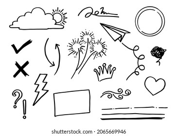 Dibujo de conjunto de vector Doodle con vector de estilo de línea de dibujo manual. Corona, rey, sol, flecha, corazón, amor, estrella, remolino, ciénagas, énfasis, para el diseño de concepto