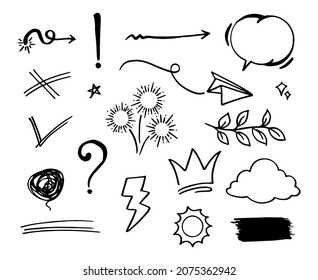 Doodle vector set illustration with hand draw line art style vector. Crown, king, sun, arrow, heart, love, star, swirl, swoops, emphasis, for concept design
