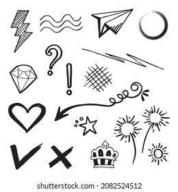 Doodle vector set illustration with hand draw line art style vector. Crown, king, sun, arrow, heart, love, star, swirl, swoops, emphasis, for concept design