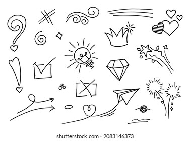 Dibujo de conjunto de vector Doodle con vector de estilo de línea de dibujo manual. Corona, rey, sol, flecha, corazón, amor, estrella, remolino, ciénagas, énfasis, para el diseño de concepto