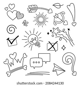 Doodle vector set illustration with hand draw line art style vector. Crown, king, arrow, heart, love, star, swirl, swoops, emphasis, for concept design