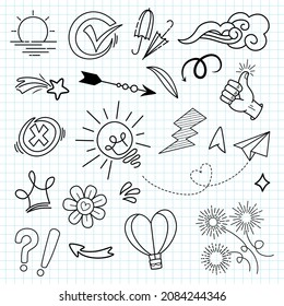 Doodle vector set illustration with hand draw line art style vector. Crown, king, arrow, heart, love, star, swirl, swoops, emphasis, for concept design