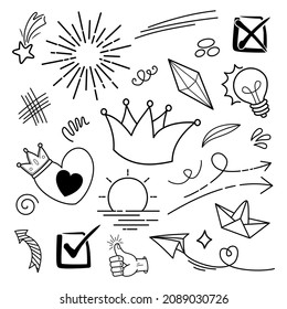 Doodle vector set illustration with hand draw line art style vector. Crown, king, sun, arrow, heart, love, star, swirl, swoops, emphasis, for concept design