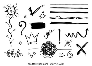 Doodle vector set illustration with hand draw line art style vector. Crown, king, sun, arrow, heart, love, star, swirl, swoops, emphasis, for concept design