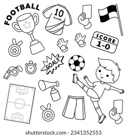 Doodle vector set with line art soccer players and equipment