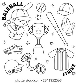 Doodle vector set with line art baseball player and equipment