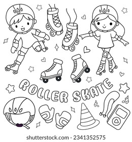 Doodle vector set with line art roller skates and equipment