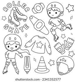 Doodle vector set with line art roller skates and equipment