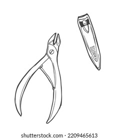 Juego de vector Doodle de clavija de uñas. Esbozo aislado sobre fondo blanco