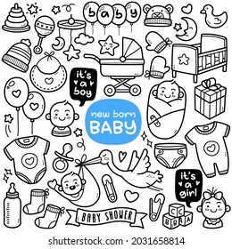 Doodle vector set: New born baby related objects and elements such as baby bed, pacifier, clothes, toy, etc. Black and white line illustration