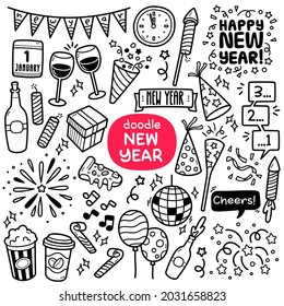 Doodle vector set: New year party related objects and elements such as fireworks, countdown, party, etc. Black and white line illustration