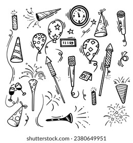 Doodle vector set with new year party related objects in line art for new year party template