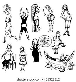 doodle vector set of a pregnant woman. life situations
