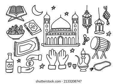 doodle vector set of ramadan concept icon and symbol elements hand drawn