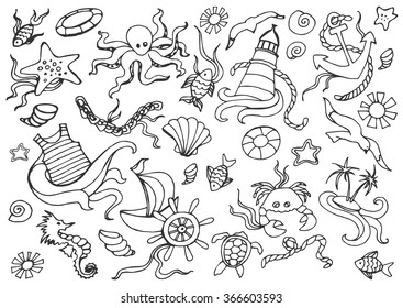 Doodle vector set of sea