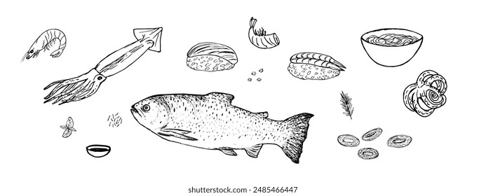 Doodle vector set of seafood dishes, shrimp, cuttlefish. Fish and Sushi isolated on white background.