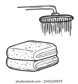 Doodle vector set of shower. Towel and shower head sketch
